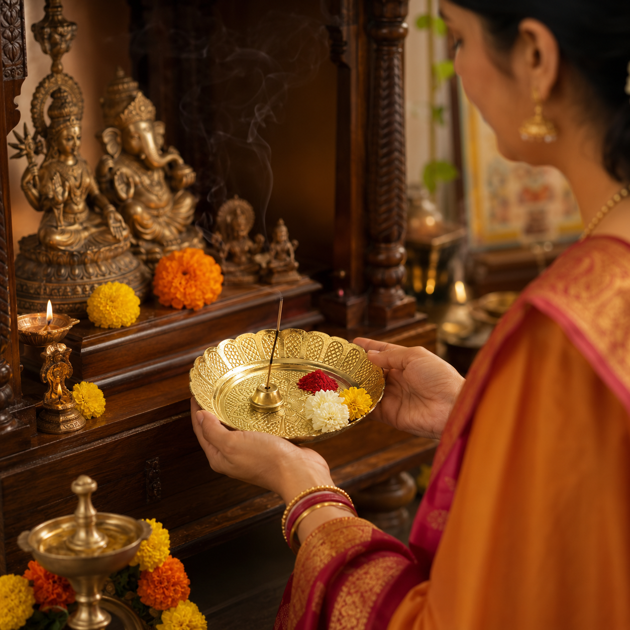 Anga Brass Pooja Tray Embossed No.3 – Decorative Puja Thali