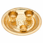 Premium Brass Pooja Bowls Set with Ganesha Engraved Pooja Plate, 2 Brass Bowls & Diya | Traditional Brass Aarti Set for Home Temple, Daily Pooja & Festival Gift