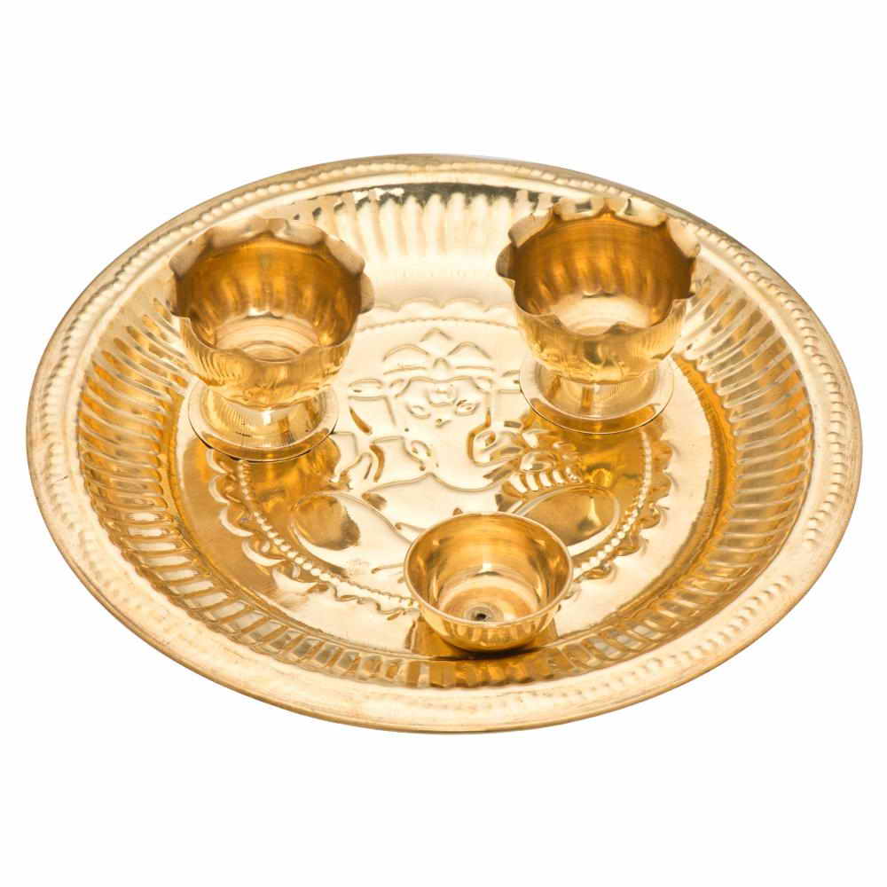 Premium Brass Pooja Bowls Set with Ganesha Engraved Pooja Plate, 2 Brass Bowls & Diya | Traditional Brass Aarti Set for Home Temple, Daily Pooja & Festival Gift