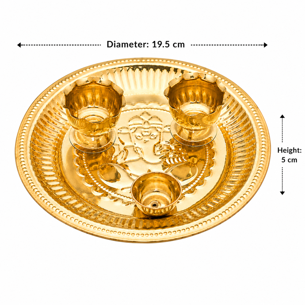 Premium Brass Pooja Bowls Set with Ganesha Engraved Pooja Plate, 2 Brass Bowls & Diya | Traditional Brass Aarti Set for Home Temple, Daily Pooja & Festival Gift