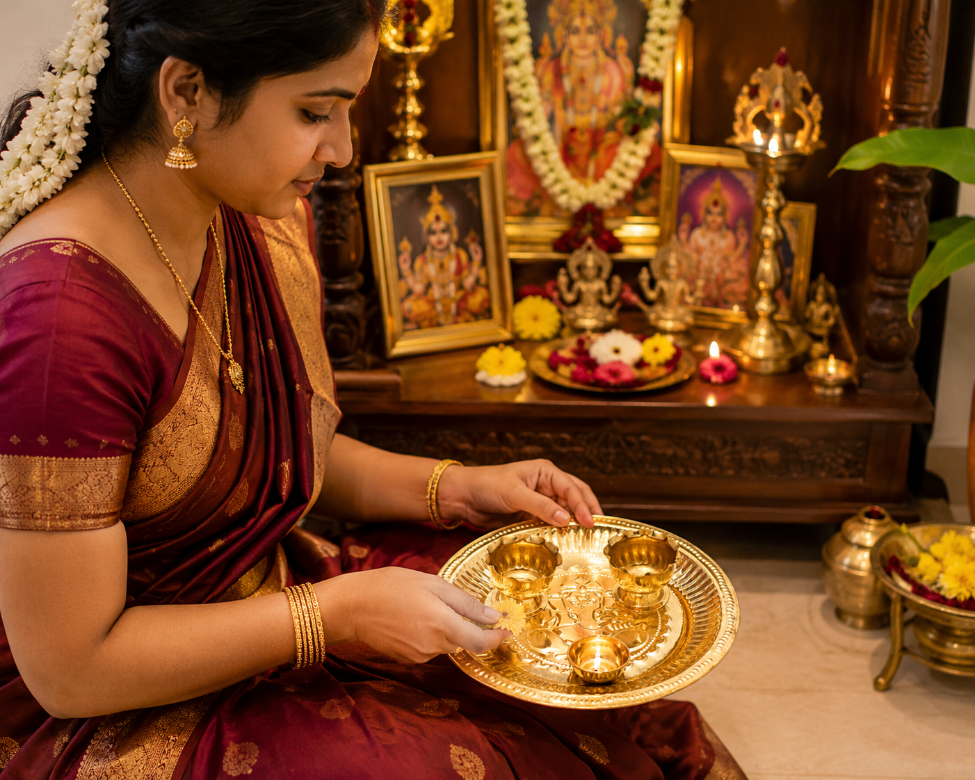Premium Brass Pooja Bowls Set with Ganesha Engraved Pooja Plate, 2 Brass Bowls & Diya | Traditional Brass Aarti Set for Home Temple, Daily Pooja & Festival Gift