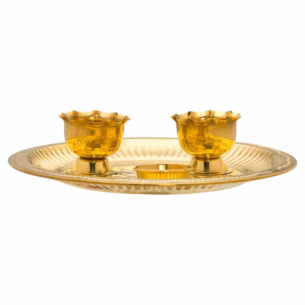Premium Brass Pooja Bowls Set with Ganesha Engraved Pooja Plate, 2 Brass Bowls & Diya | Traditional Brass Aarti Set for Home Temple, Daily Pooja & Festival Gift