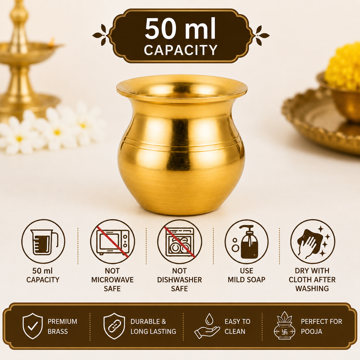 Small Brass Pooja Chembu 50ml | Traditional Brass Kalash for Daily Pooja, Abhishekam & Holy Water | Handmade Indian Puja Vessel | Home Temple & Festival Worship