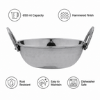 Anga Stainless Steel Hammered Kadai 650ml with Handles