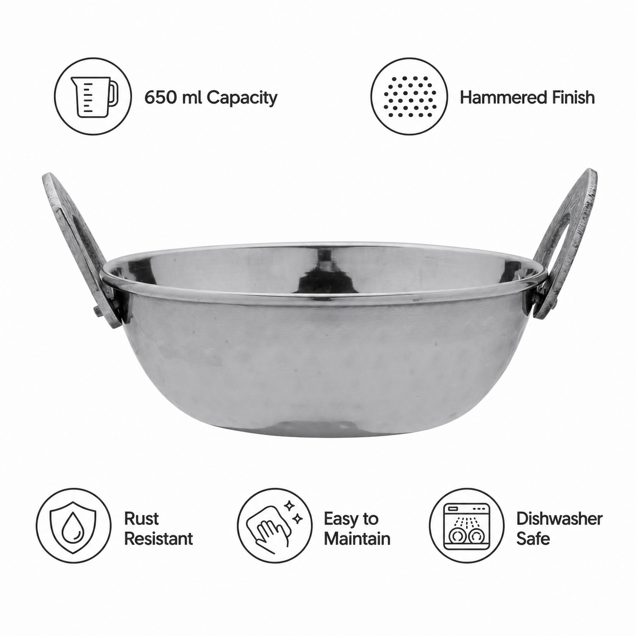 Anga Stainless Steel Hammered Kadai 650ml with Handles