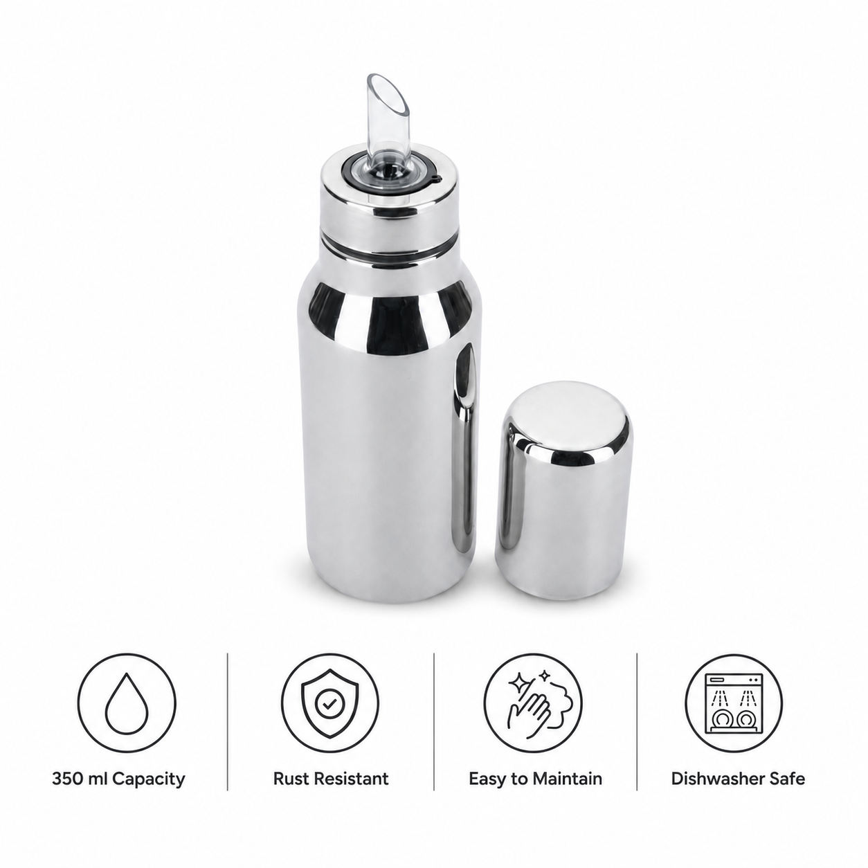 Anga 350 ml stainless steel oil dispenser with a convenient pouring spout. Ideal for cooking oil, ghee, vinegar and dressings. Compact and easy to maintain.