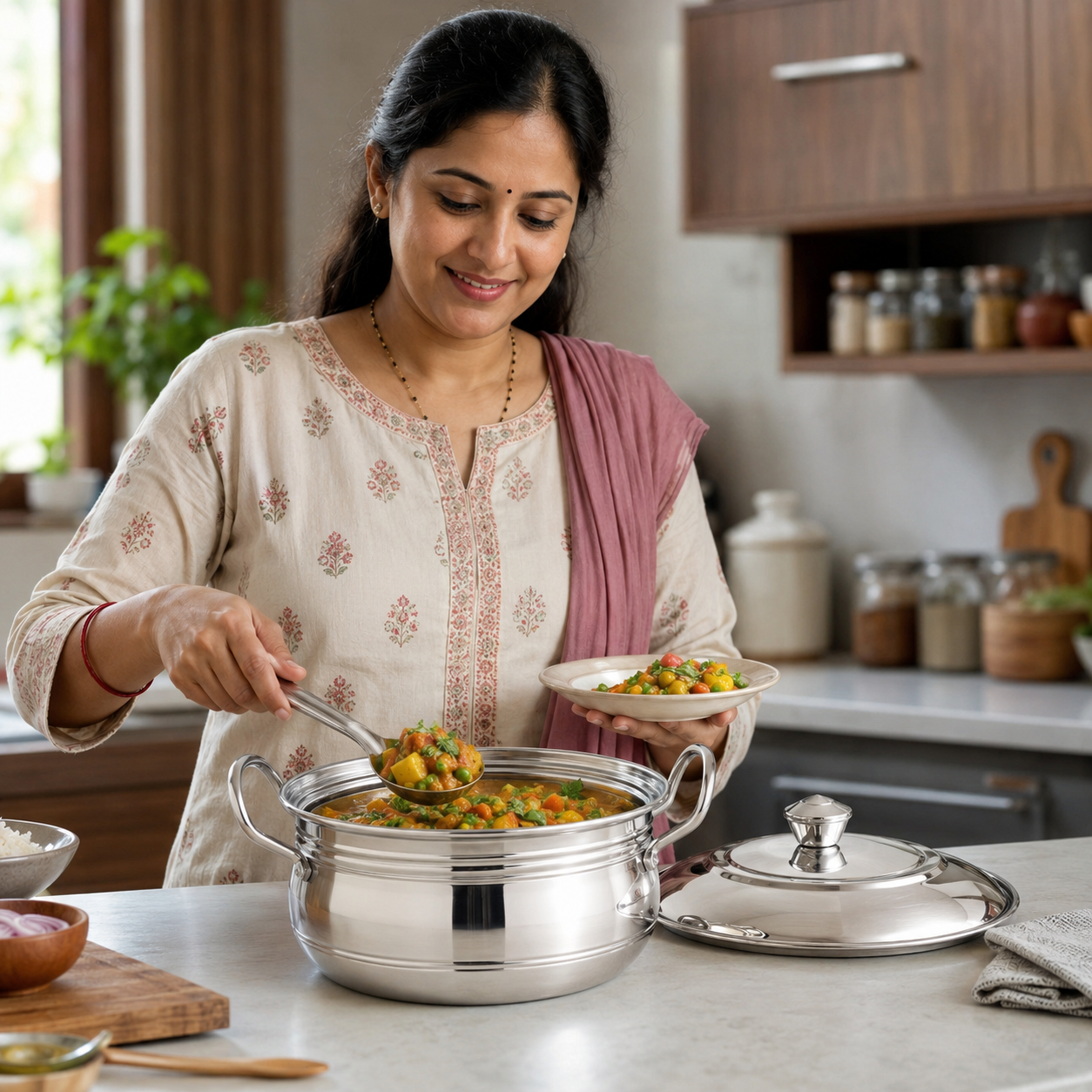 Anga Stainless Steel Serving Bowl with Lid 1250 ml | KitchenStoreIndia
