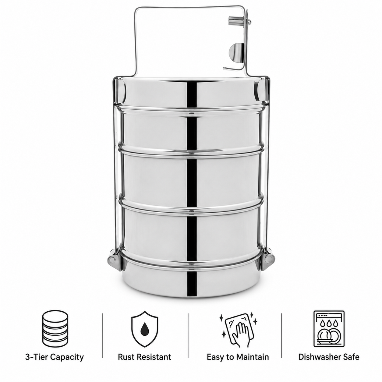 Anga Stainless Steel Tiffin Carrier 3 Racks | 3-Tier Lunch Box