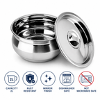 Premium Stainless Steel 2 Litre Serving Bowl with Lid | Food Grade Mirror Finish Serving Bowl