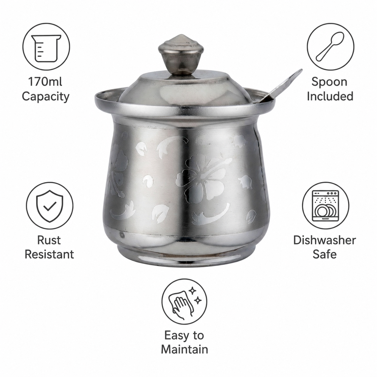 Anga Stainless Steel Ghee Pot with Spoon for Kitchen & Dining Table