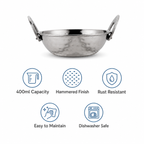 Anga Stainless Steel Hammered Kadai with Handles – 400ml