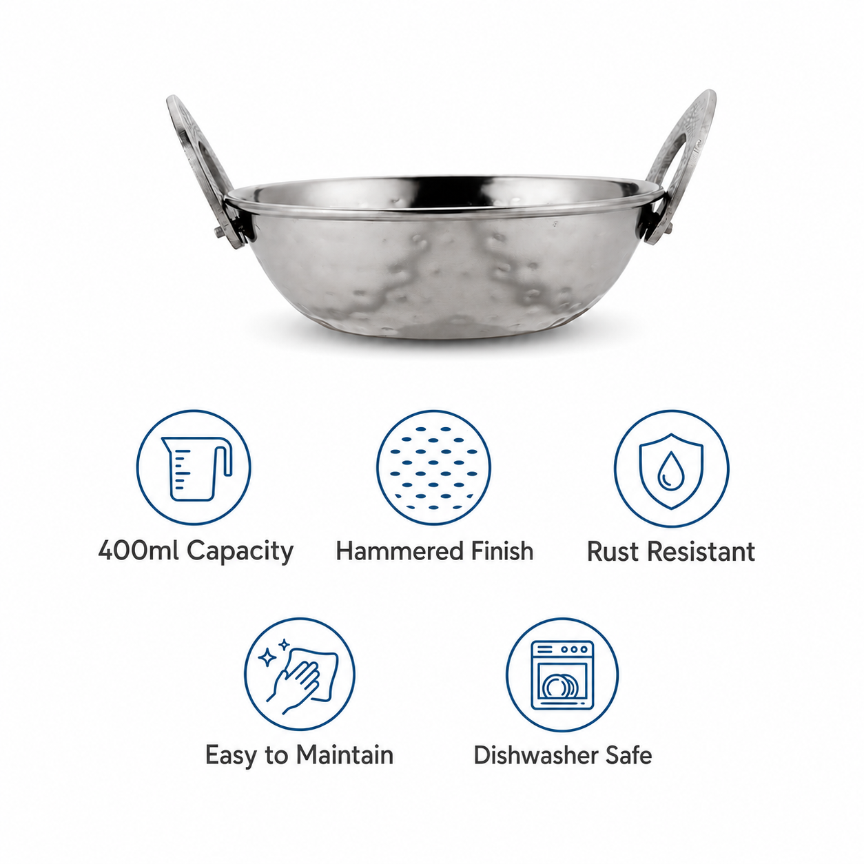 Anga Stainless Steel Hammered Kadai with Handles – 400ml