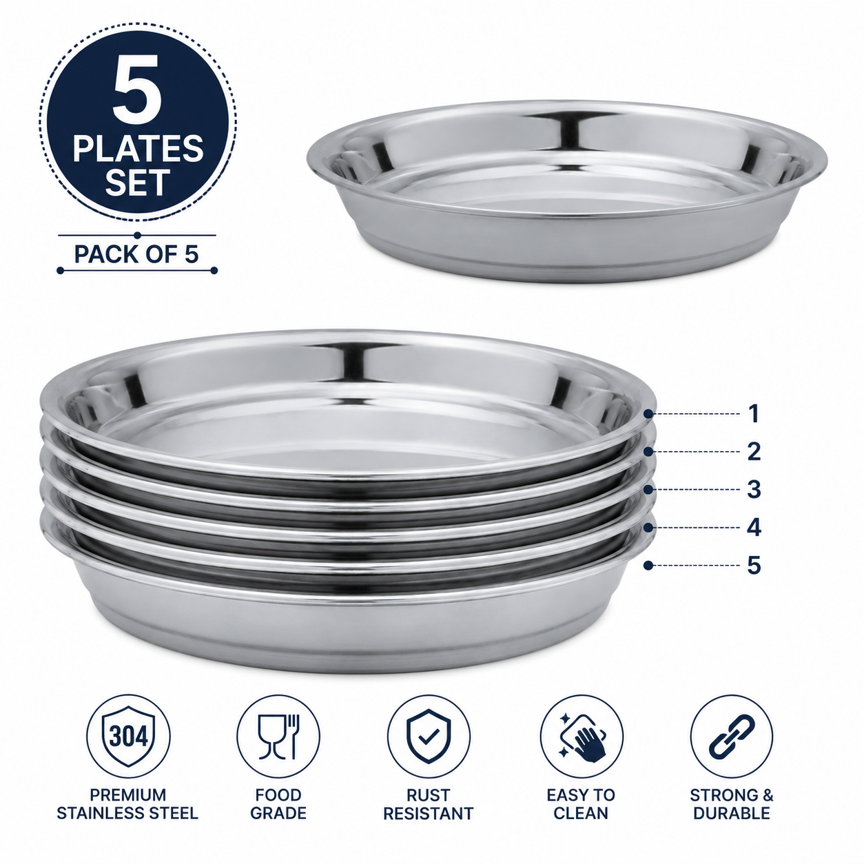 Stainless Steel Serving Snacks Plates Set of 5 | Round Food Grade Snack & Side Dish Plates | Mirror Finish