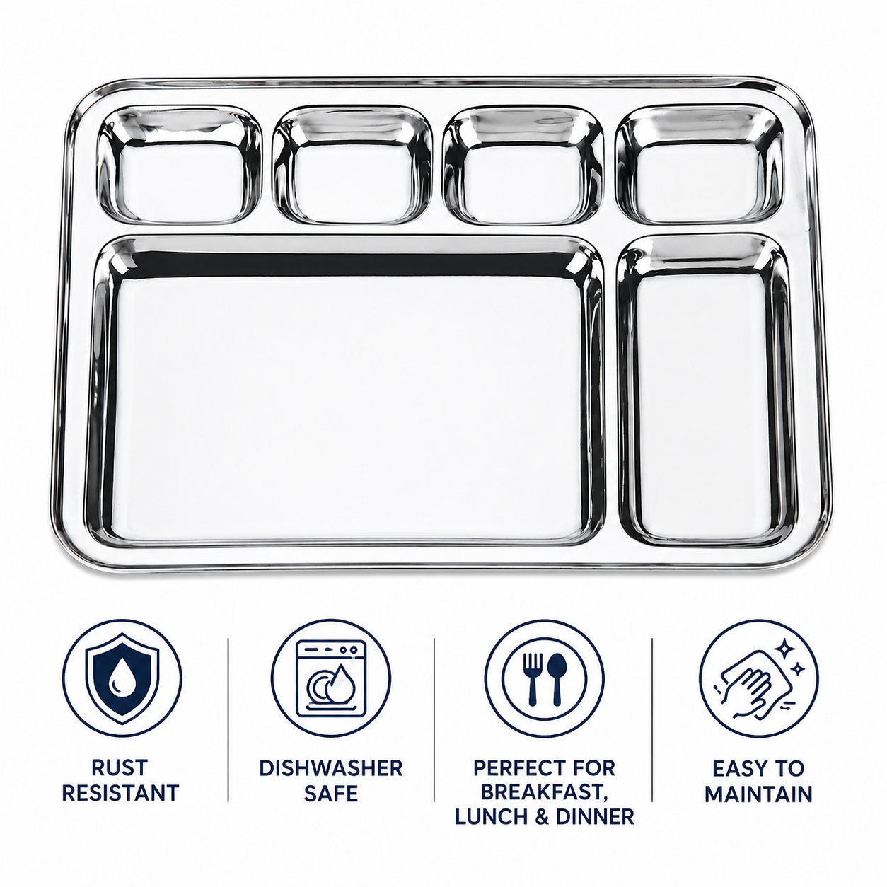 Stainless Steel Square Dinner Bojana Plate | Heavy Duty Thali Plate for Breakfast, Lunch & Dinner | Rust Resistant Mirror Finish