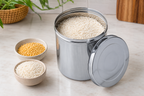 Anga 6-litre stainless steel storage dabba with lid for rice, atta, dal, flour, pulses and grains. Rust resistant, spacious and easy to clean.