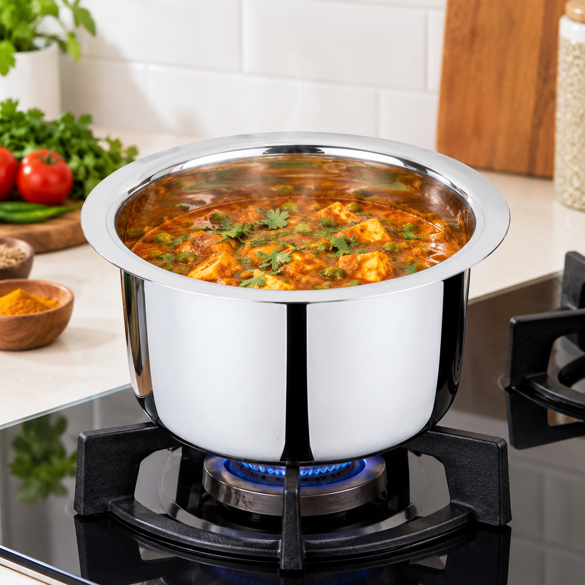 Stainless Steel Cooking Pot 1.7 Litre | 22 Gauge Flat Base Tope, Patila & Tapeli | Kitchen Cooking Vessel